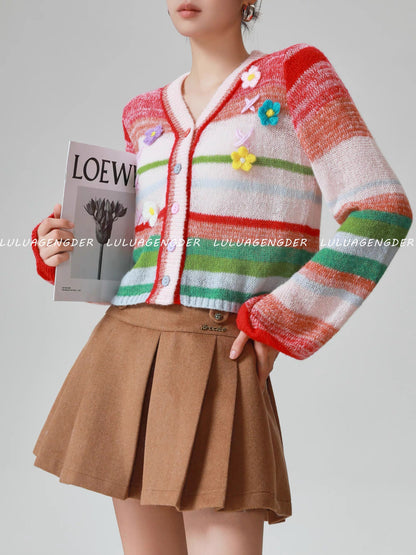 Lulu's Chanel-inspired versatile and youthful knitted cardigan, a new autumn/winter style with unique rainbow stripes.