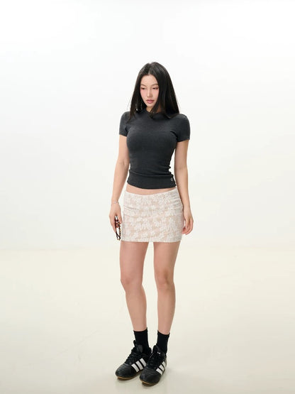 LEIYU LABS knitted round neck straight shoulder short-sleeved T-shirt female 2025 summer new tight embroidered top
