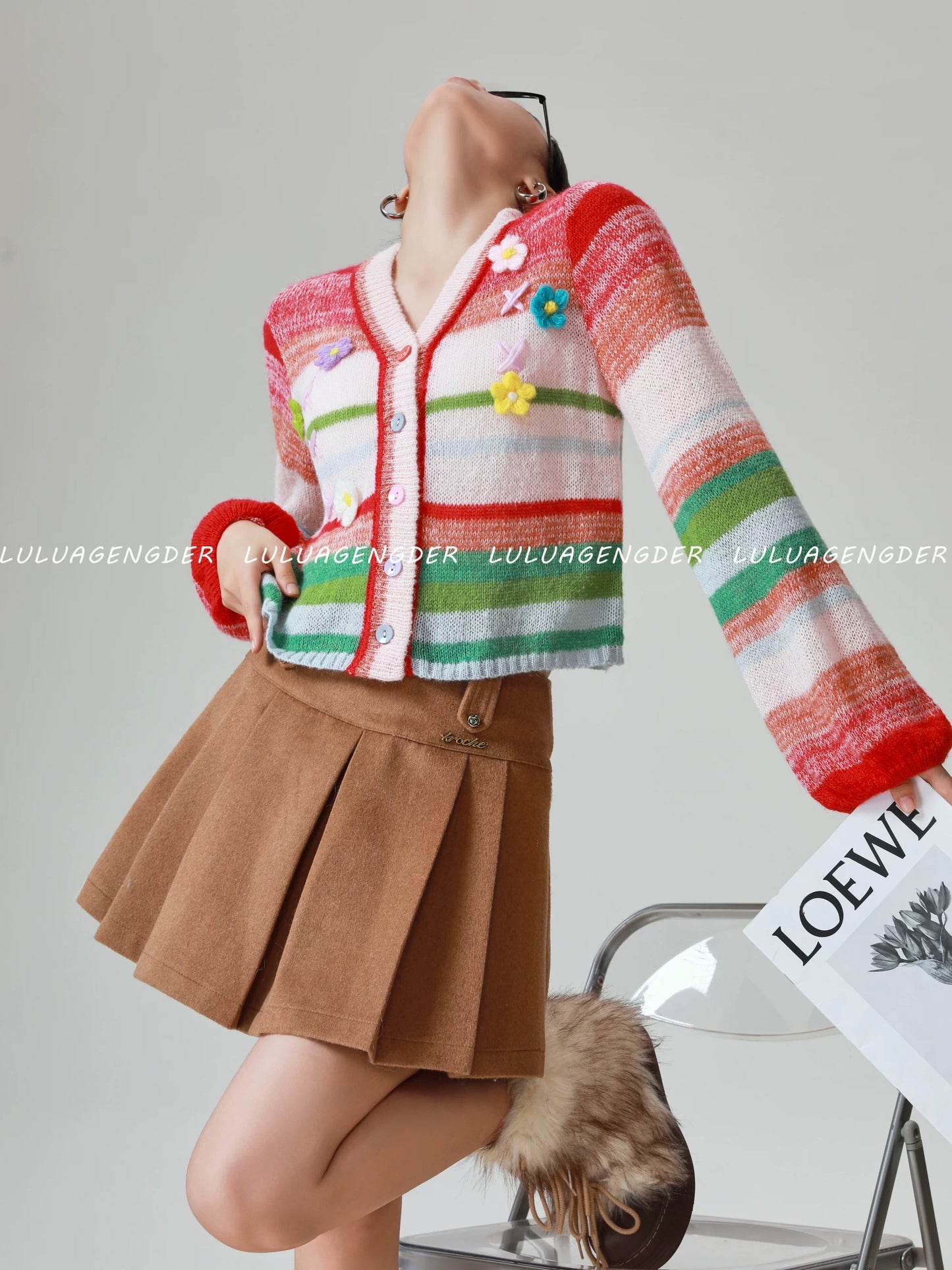 Lulu's Chanel-inspired versatile and youthful knitted cardigan, a new autumn/winter style with unique rainbow stripes.