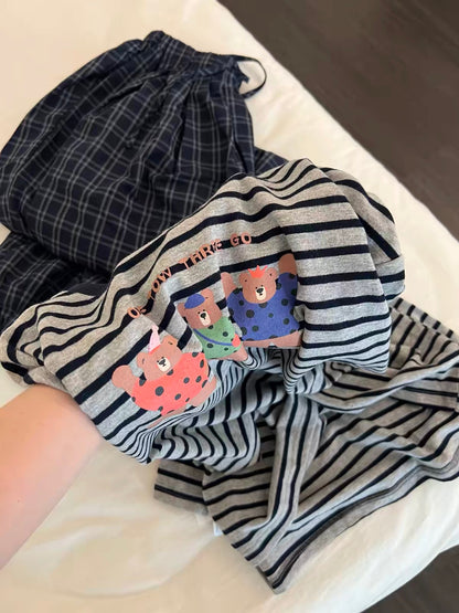 Women's Autumn Loungewear Set: Long-Sleeve Striped Top with Bear Motif & Loose Plaid Pants (Suitable for Casual Outings) – Korean Style