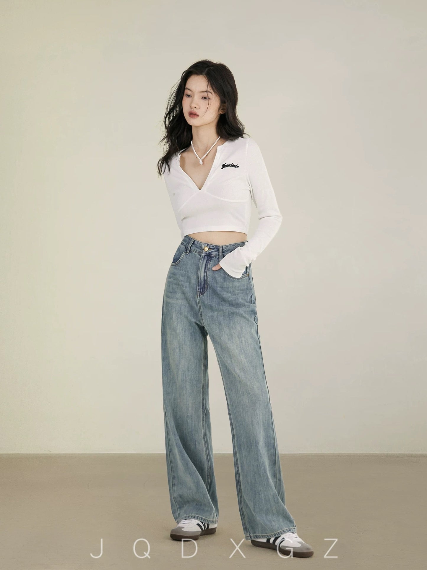 The rise of small straight-leg soft jeans for women spring high-waisted 150cm slim wide-leg pants casual pants