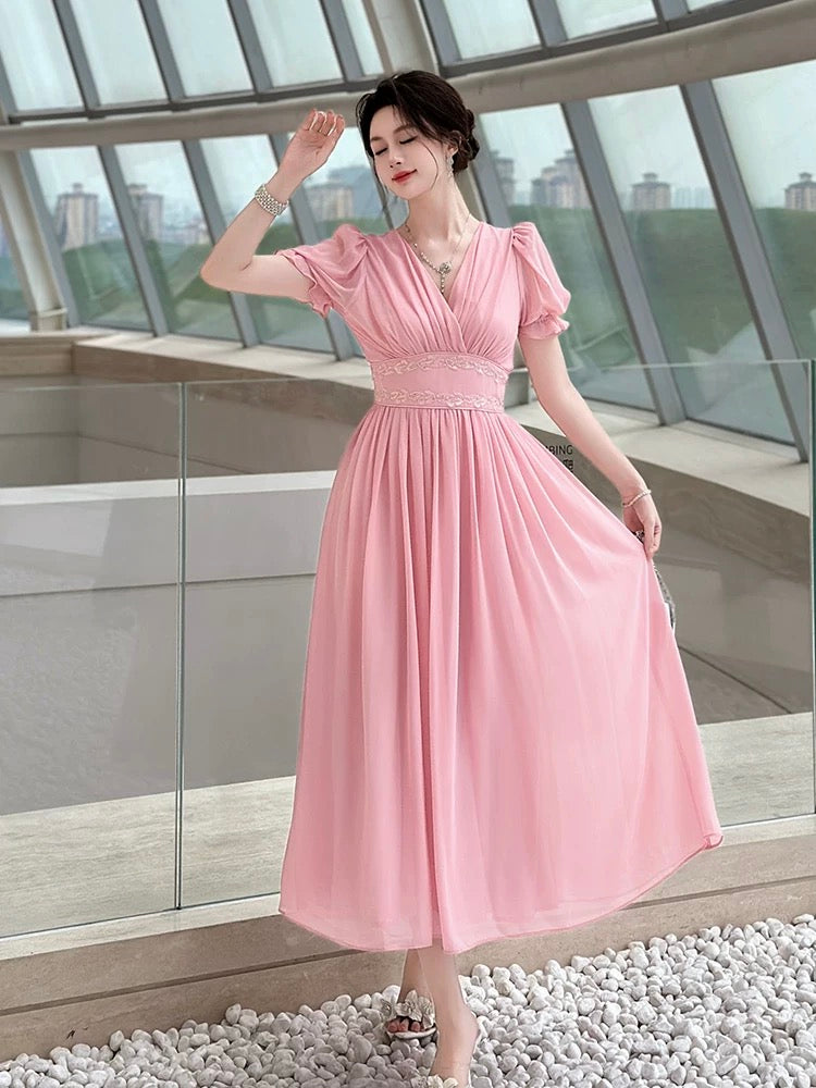 2025 summer new women's pink dress French temperament lady high-end light luxury slim fit long skirt