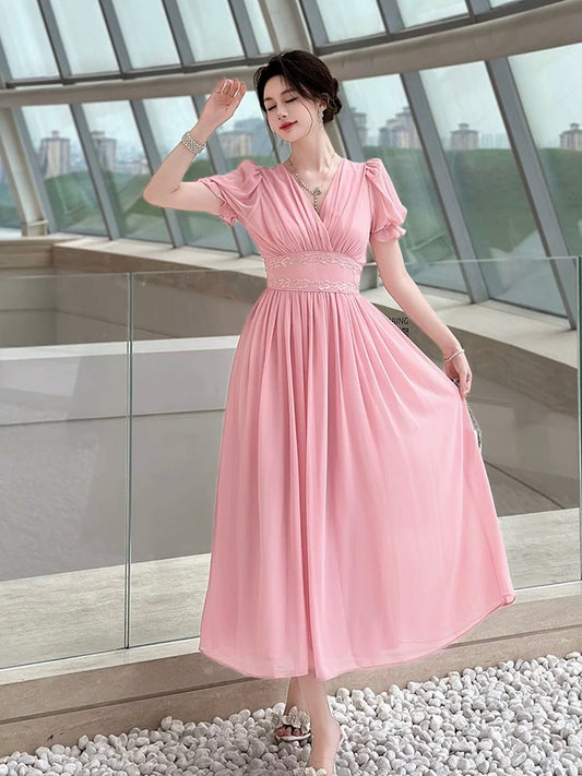 2025 summer new women's pink dress French temperament lady high-end light luxury slim fit long skirt