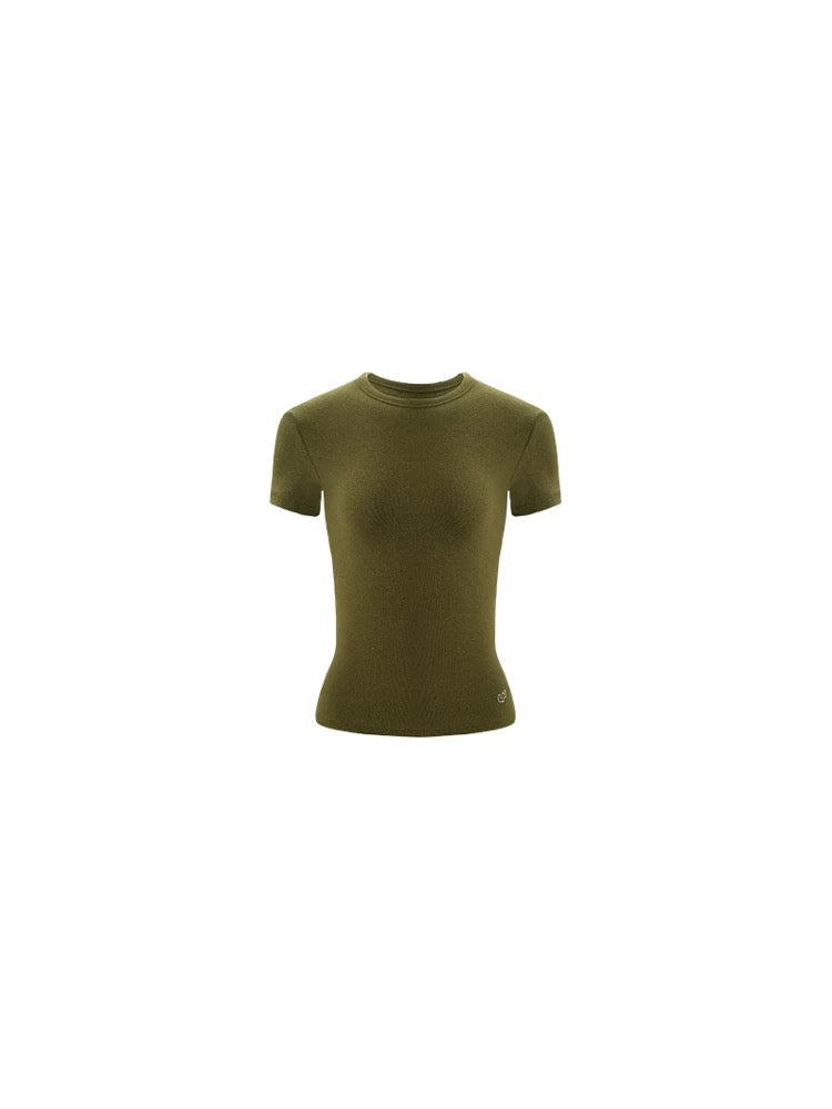 LEIYU LABS knitted round neck straight shoulder short-sleeved T-shirt female 2025 summer new tight embroidered top