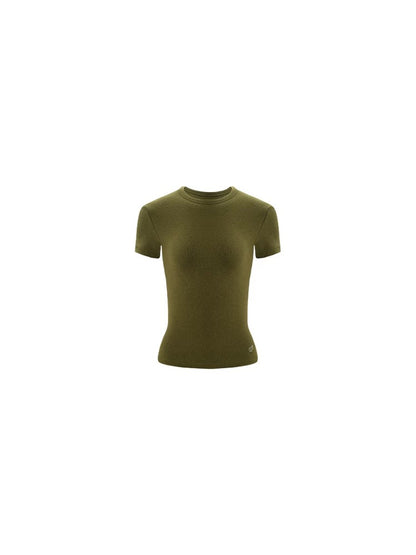 LEIYU LABS knitted round neck straight shoulder short-sleeved T-shirt female 2025 summer new tight embroidered top