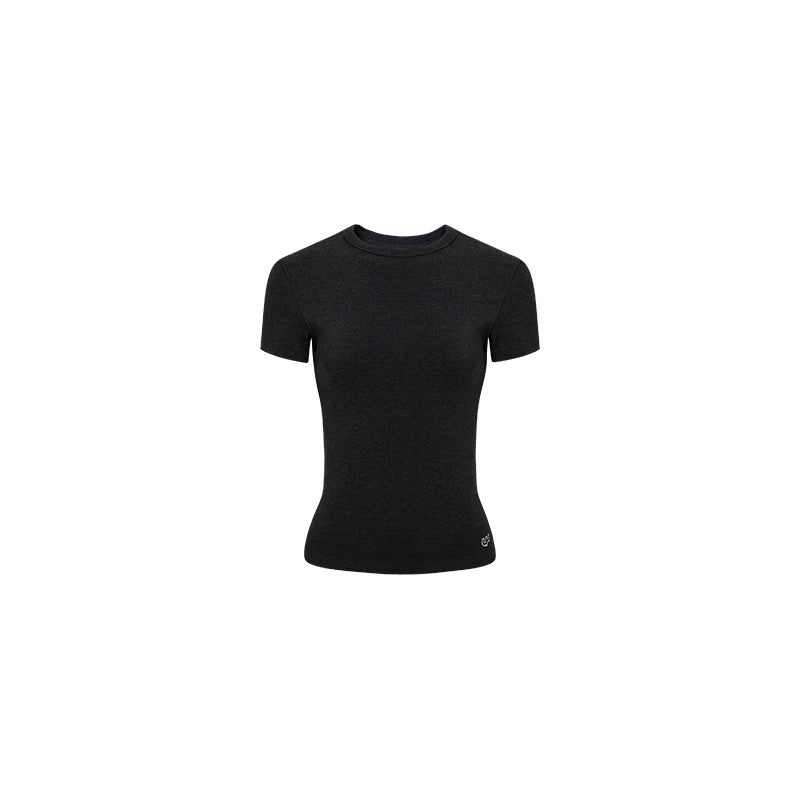 LEIYU LABS knitted round neck straight shoulder short-sleeved T-shirt female 2025 summer new tight embroidered top