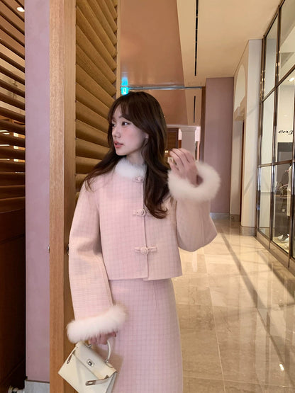 Hello Canon Fur collar double-sided woolen coat and skirt suit for women autumn and winter new short coat and long skirt two-piece set