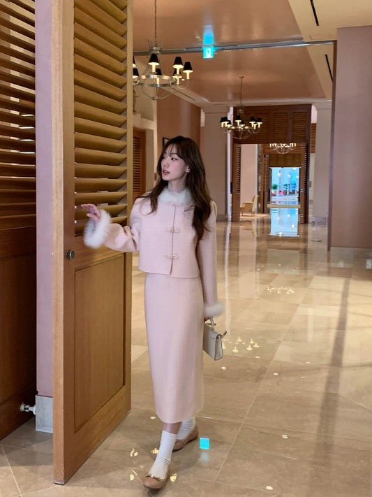 Hello Canon Fur collar double-sided woolen coat and skirt suit for women autumn and winter new short coat and long skirt two-piece set