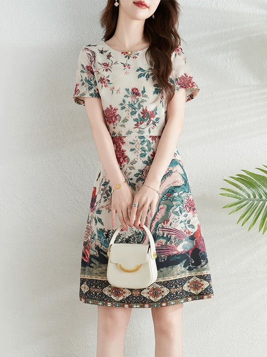 French retro positioning printed dress for women summer 2024 new style waist slimming elegant a-line skirt