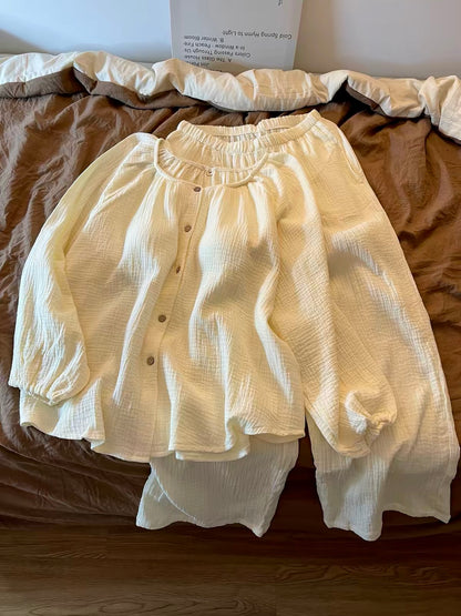 Women's Autumn 2026 New Korean-Style Sweet & Comfortable Cotton Gauze Pajama Set – Soft Creamy Apricot