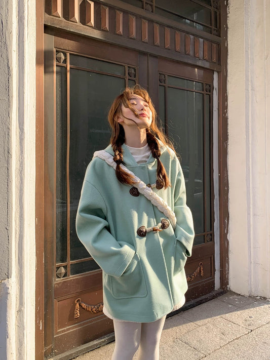 Hello Canon Horn Button Hooded Woolen Jacket Women's Autumn and Winter 2024 New College Style Short Coat Jacket