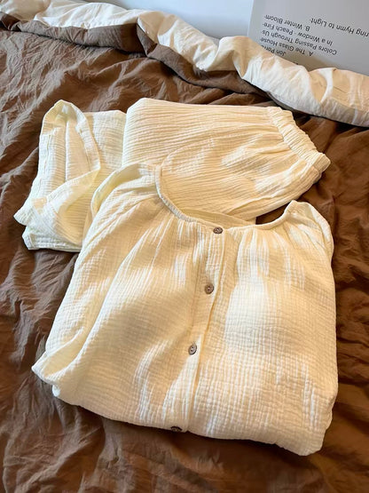 Women's Autumn 2026 New Korean-Style Sweet & Comfortable Cotton Gauze Pajama Set – Soft Creamy Apricot