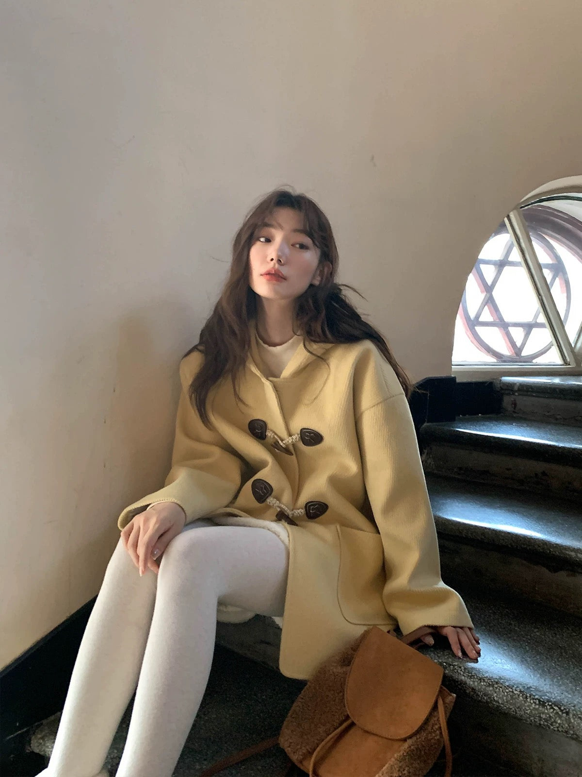 Hello Canon Horn Button Hooded Woolen Jacket Women's Autumn and Winter 2024 New College Style Short Coat Jacket