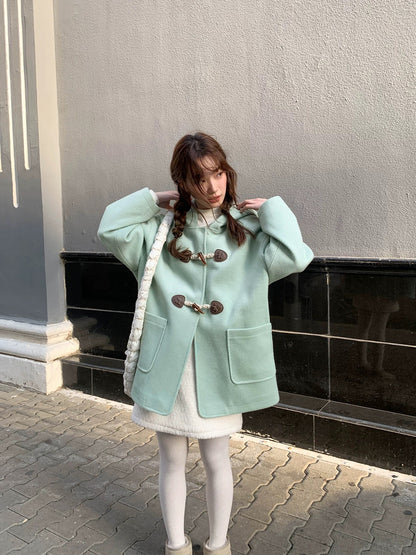Hello Canon Horn Button Hooded Woolen Jacket Women's Autumn and Winter 2024 New College Style Short Coat Jacket