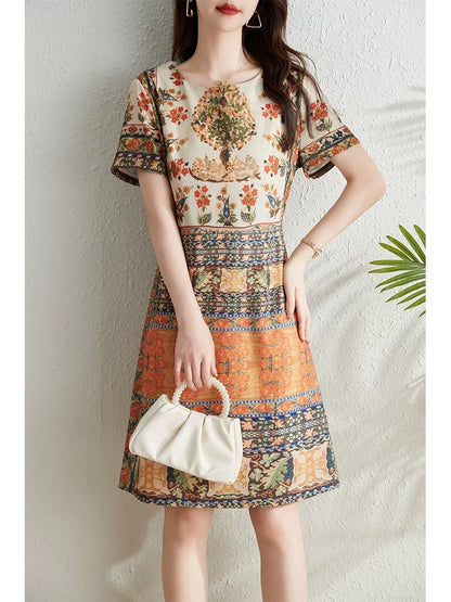 French retro print dress for women summer 2024 new style waist slimming elegant temperament high-end niche a-line skirt