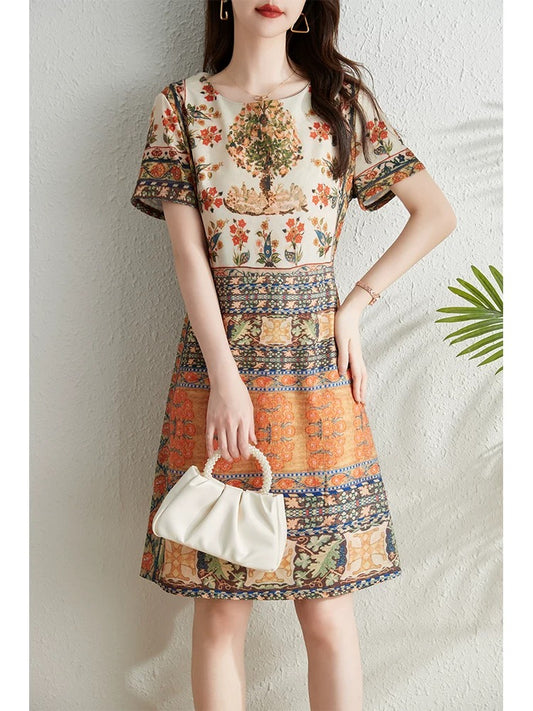 French retro print dress for women summer 2024 new style waist slimming elegant temperament high-end niche a-line skirt