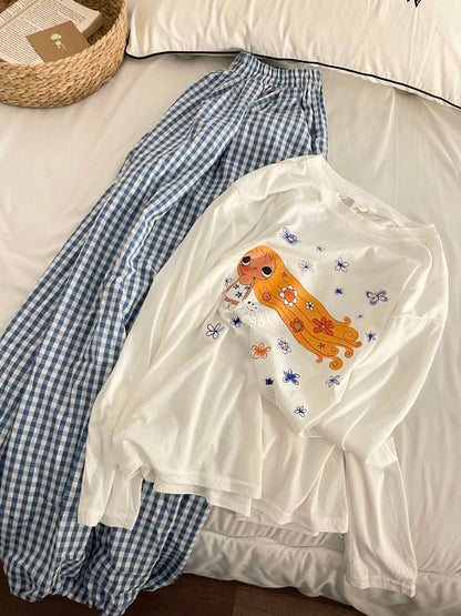 Women's Autumn Cartoon-Print Pajama Set (2026 Korean Style): Sweet, Youthful, and Suitable for Lounging or Casual Wear (Plaid Pants)
