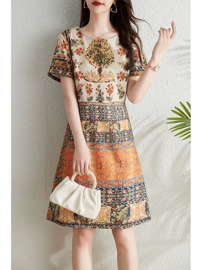 French retro print dress for women summer 2024 new style waist slimming elegant temperament high-end niche a-line skirt