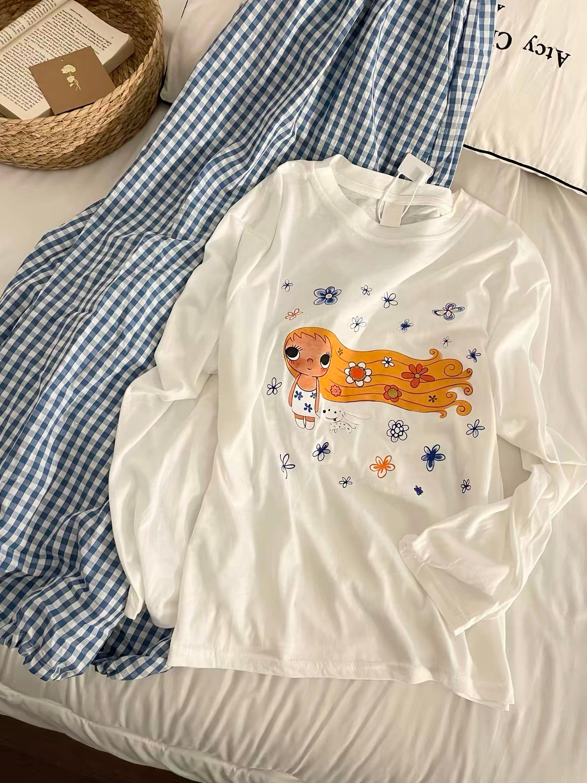 Women's Autumn Cartoon-Print Pajama Set (2026 Korean Style): Sweet, Youthful, and Suitable for Lounging or Casual Wear (Plaid Pants)