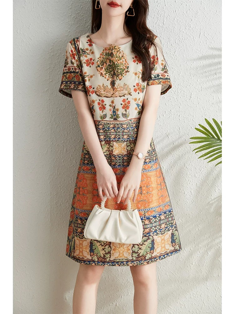French retro print dress for women summer 2024 new style waist slimming elegant temperament high-end niche a-line skirt