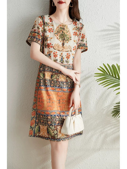 French retro print dress for women summer 2024 new style waist slimming elegant temperament high-end niche a-line skirt
