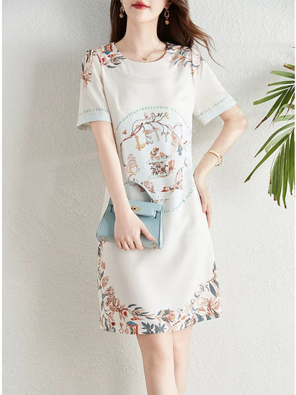 French retro style positioning printed dress for women summer 2024 new style waist slimming elegant a-line skirt