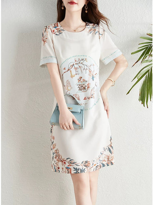 French retro style positioning printed dress for women summer 2024 new style waist slimming elegant a-line skirt