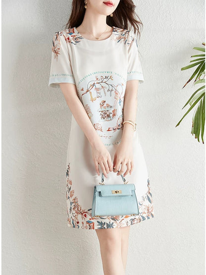 French retro style positioning printed dress for women summer 2024 new style waist slimming elegant a-line skirt