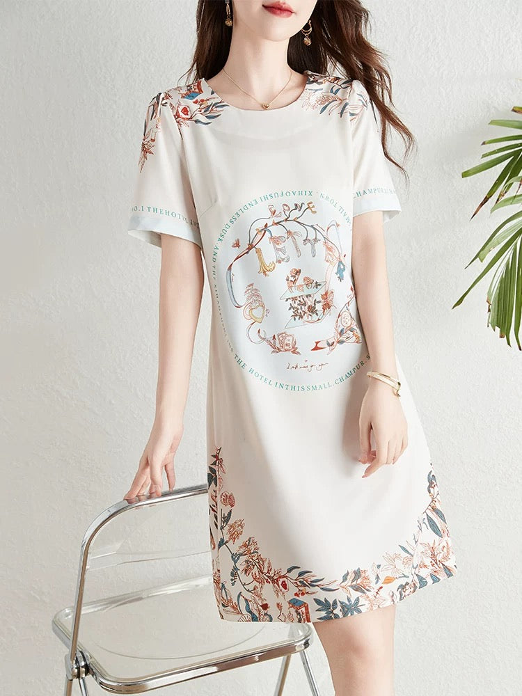 French retro style positioning printed dress for women summer 2024 new style waist slimming elegant a-line skirt