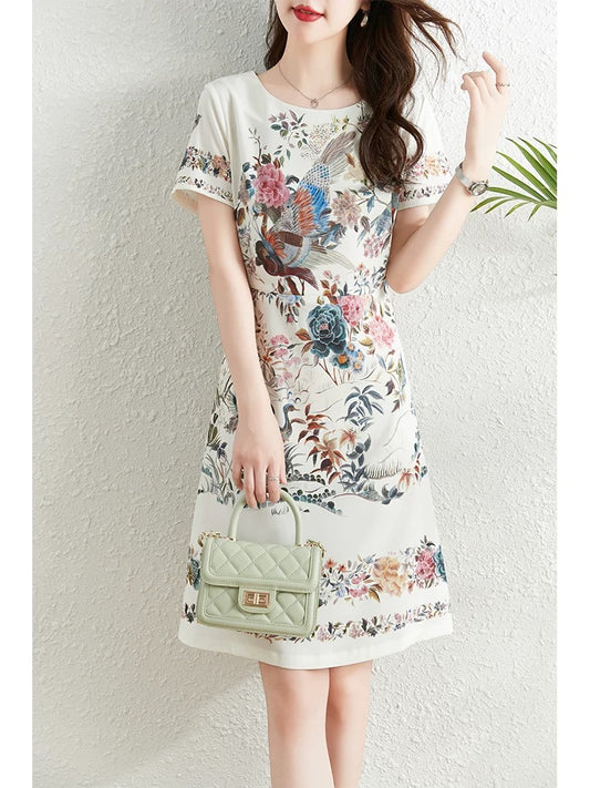 Fashionable and elegant printed dress for women summer 2024 new French style waist slimming temperament celebrity niche a-line skirt