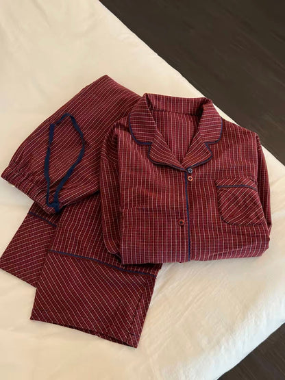 Women's Retro Red Striped Long-Sleeve Pajama Set – New Autumn Style; Loose Cardigan & Pants; Suitable for Lounging or Casual Outings.