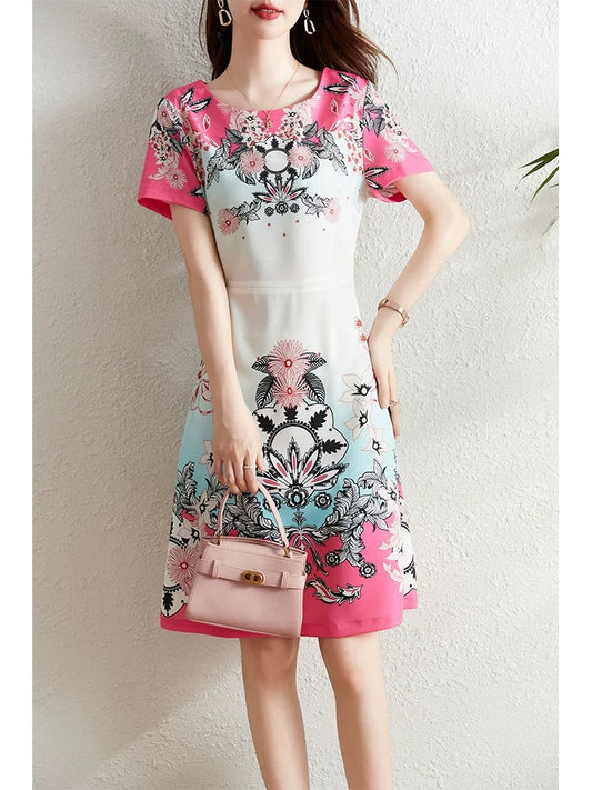 French temperament printed dress for women summer 2024 new style waist slimming elegant elegant celebrity niche a-line skirt