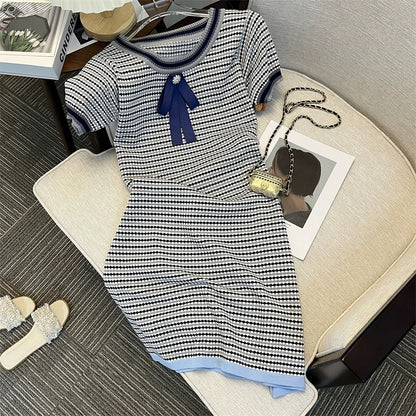 Foreign trade label cut women's clothing, big brand tail goods removed from the cabinet, genuine clearance~ Striped small fragrant style knitted dress for summer