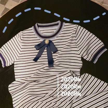 Foreign trade label cut women's clothing, big brand tail goods removed from the cabinet, genuine clearance~ Striped small fragrant style knitted dress for summer