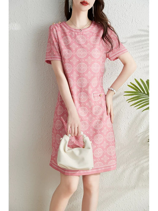 French retro printed short-sleeved dress for women summer 2024 new fashion round neck covering belly, slimming and temperament A-line skirt