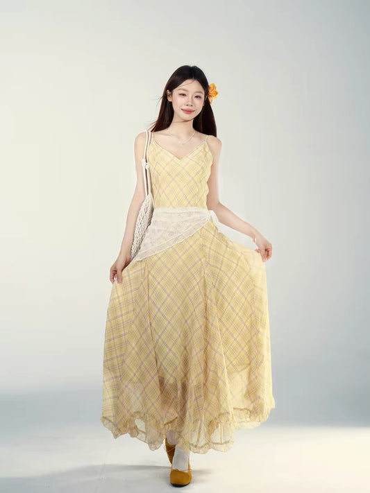 Wild Berry Yellow Plaid Sundress for Women, Spring 2026 New French Style High-End Waist-Defining Long Dress