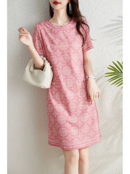 French retro printed short-sleeved dress for women summer 2024 new fashion round neck covering belly, slimming and temperament A-line skirt