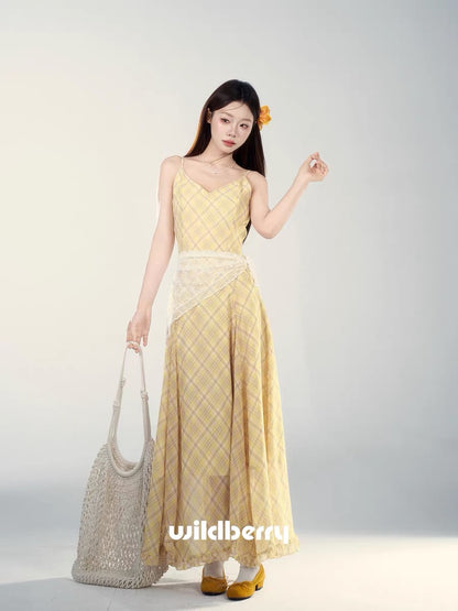 Wild Berry Yellow Plaid Sundress for Women, Spring 2026 New French Style High-End Waist-Defining Long Dress