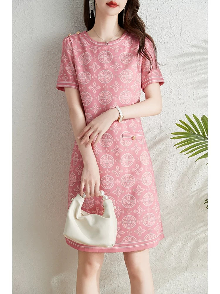 French retro printed short-sleeved dress for women summer 2024 new fashion round neck covering belly, slimming and temperament A-line skirt