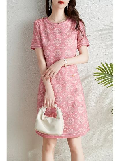 French retro printed short-sleeved dress for women summer 2024 new fashion round neck covering belly, slimming and temperament A-line skirt