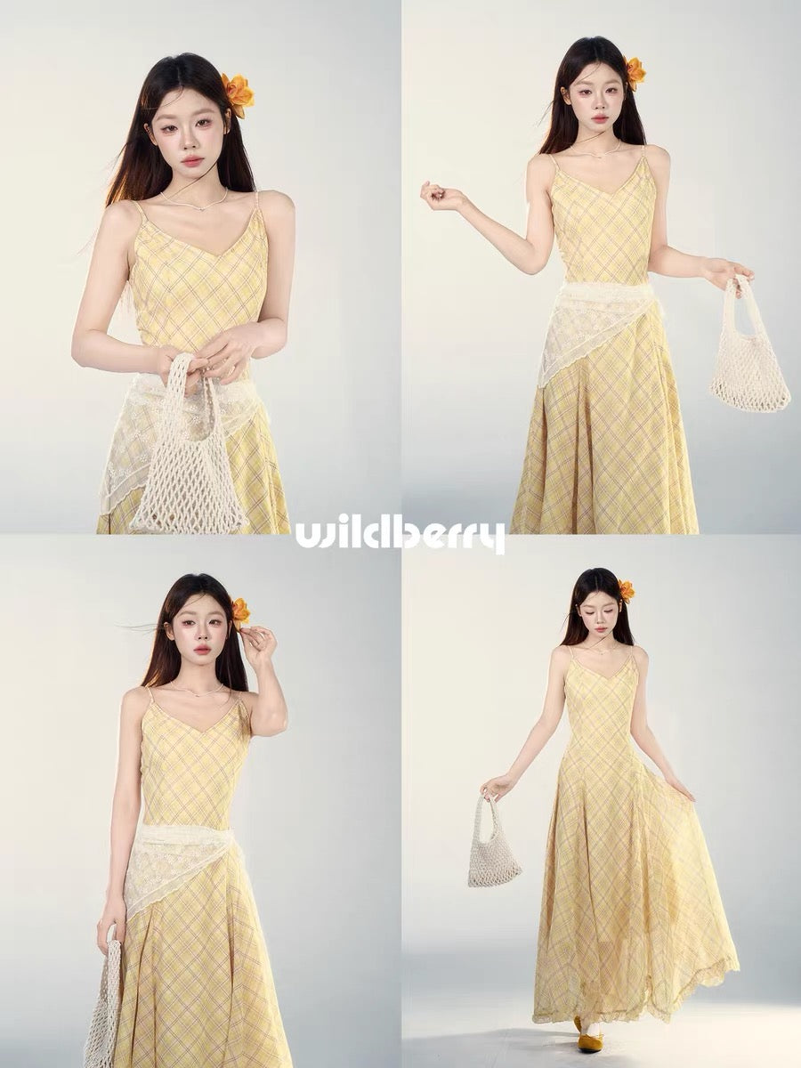 Wild Berry Yellow Plaid Sundress for Women, Spring 2026 New French Style High-End Waist-Defining Long Dress