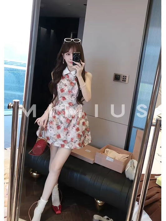 Yu Lu Lu's elegant rose print oil painting style youthful sleeveless waist-cinching slimming summer lapel long dress