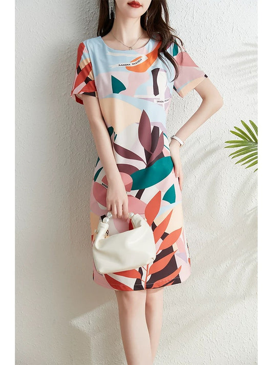 Fashionable age-reducing printed short-sleeved dress for women summer 2024 new model ladies waist slimming elegant a-line skirt