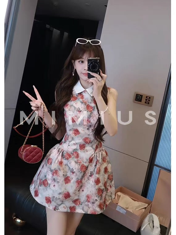 Yu Lu Lu's elegant rose print oil painting style youthful sleeveless waist-cinching slimming summer lapel long dress