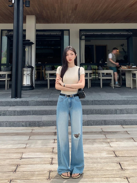 MULVAN denim style blue ripped jeans women's loose straight wide-leg pants high waist drape mopping pants