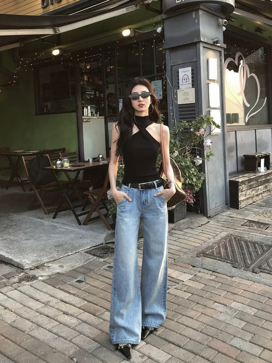 MULVAN Comfortable Summer Straight Jeans Women 2025 Summer Loose Casual Wide Leg Washed Blue Pants
