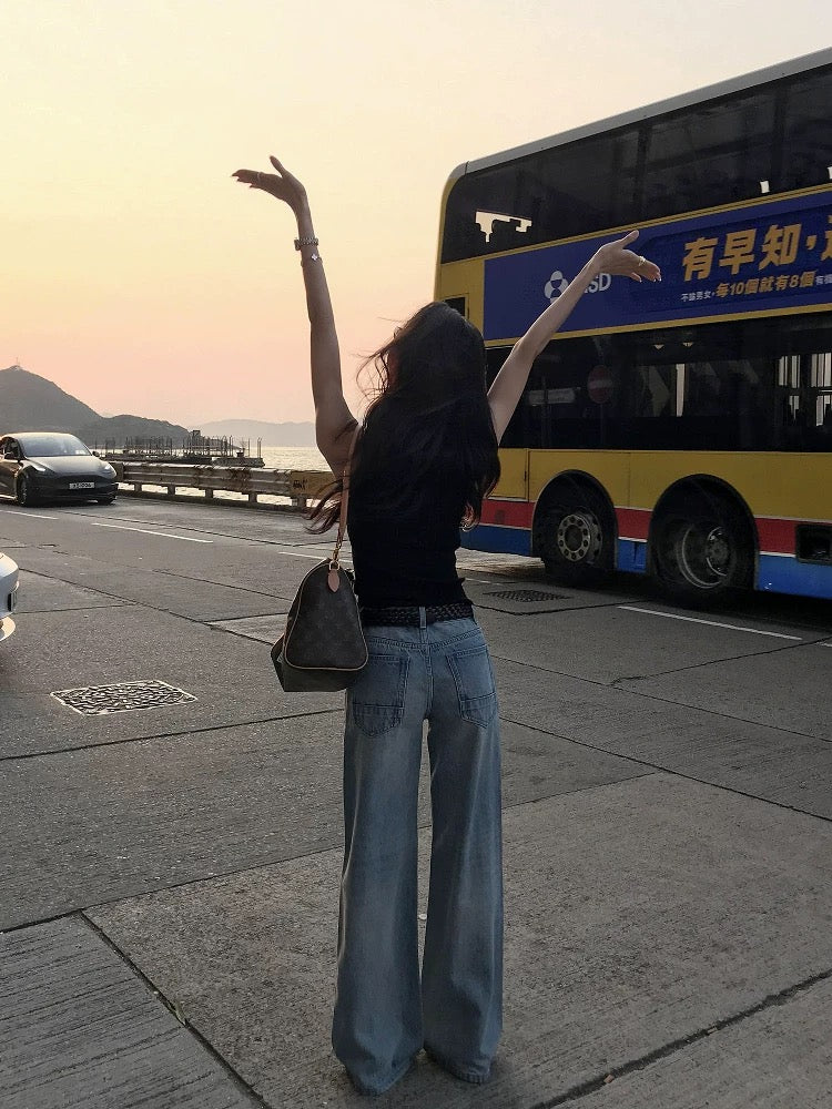 MULVAN Comfortable Summer Straight Jeans Women 2025 Summer Loose Casual Wide Leg Washed Blue Pants