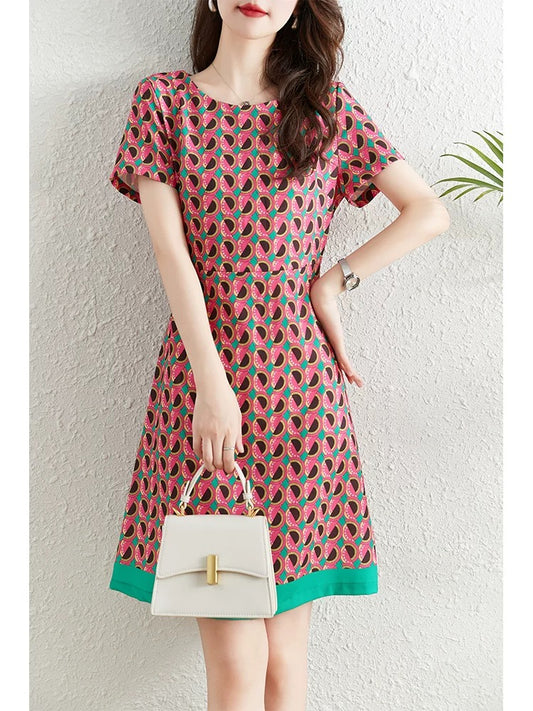 Fashionable age-reducing printed dress for women summer 2024 new French style waist slimming elegant a-line skirt