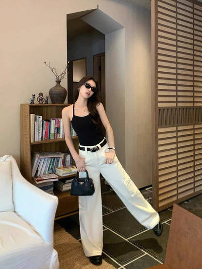 MULVAN multi-pocket white workwear jeans for women summer design straight loose wide-leg casual trousers