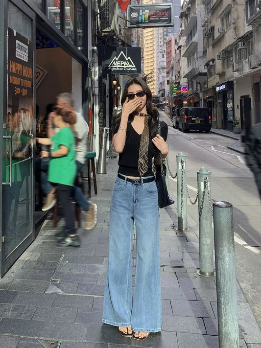 MULVAN soft cat whisker tree branch pattern straight jeans women's summer Korean loose meat-covering wide-leg casual pants